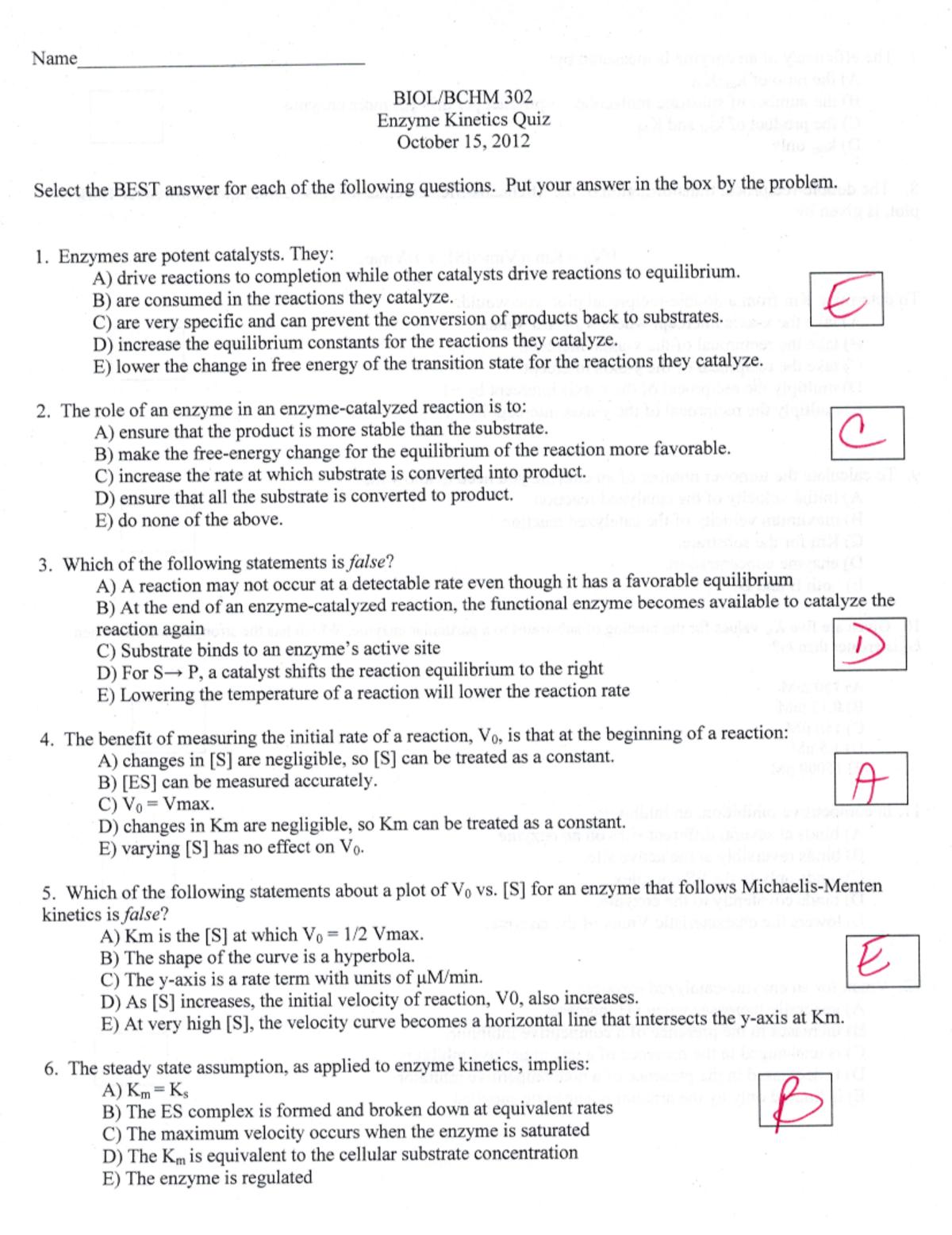 Q. enzyme (2012 ) Name BIOL/BCHM 302 Enzyme Quiz