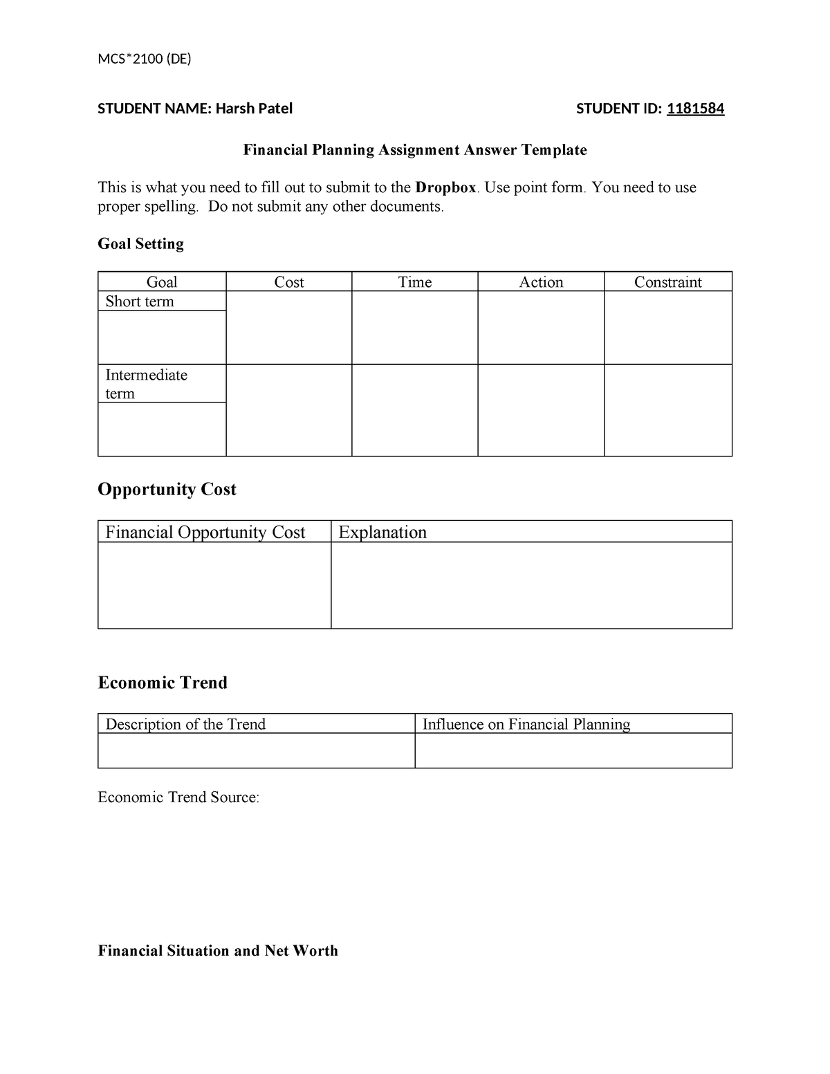 financial planning assignment mcs 2100