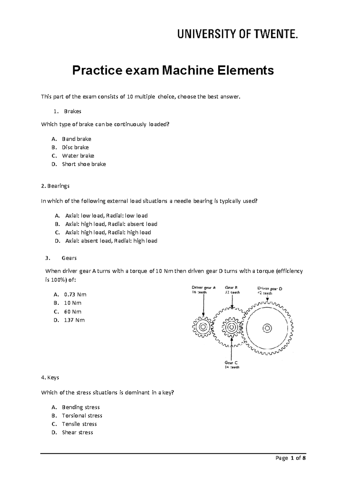 Sample test exam - Practice exam - Practice exam Machine Elements This ...