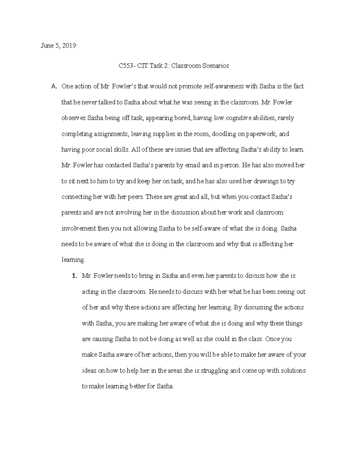 C553 CIT Task 2 - June 5, 2019 C553- CIT Task 2: Classroom Scenarios A ...