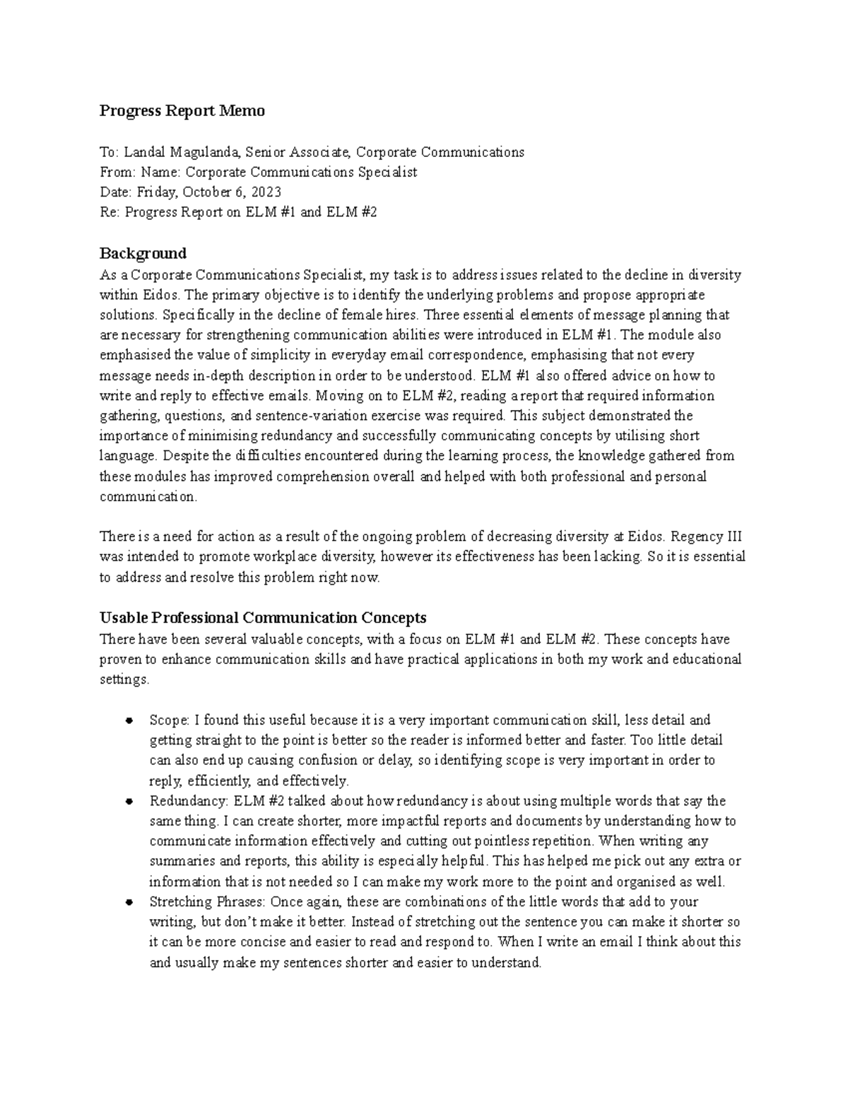 CMN 279 (Sec 861I) Progress Report Memo - Progress Report Memo To ...