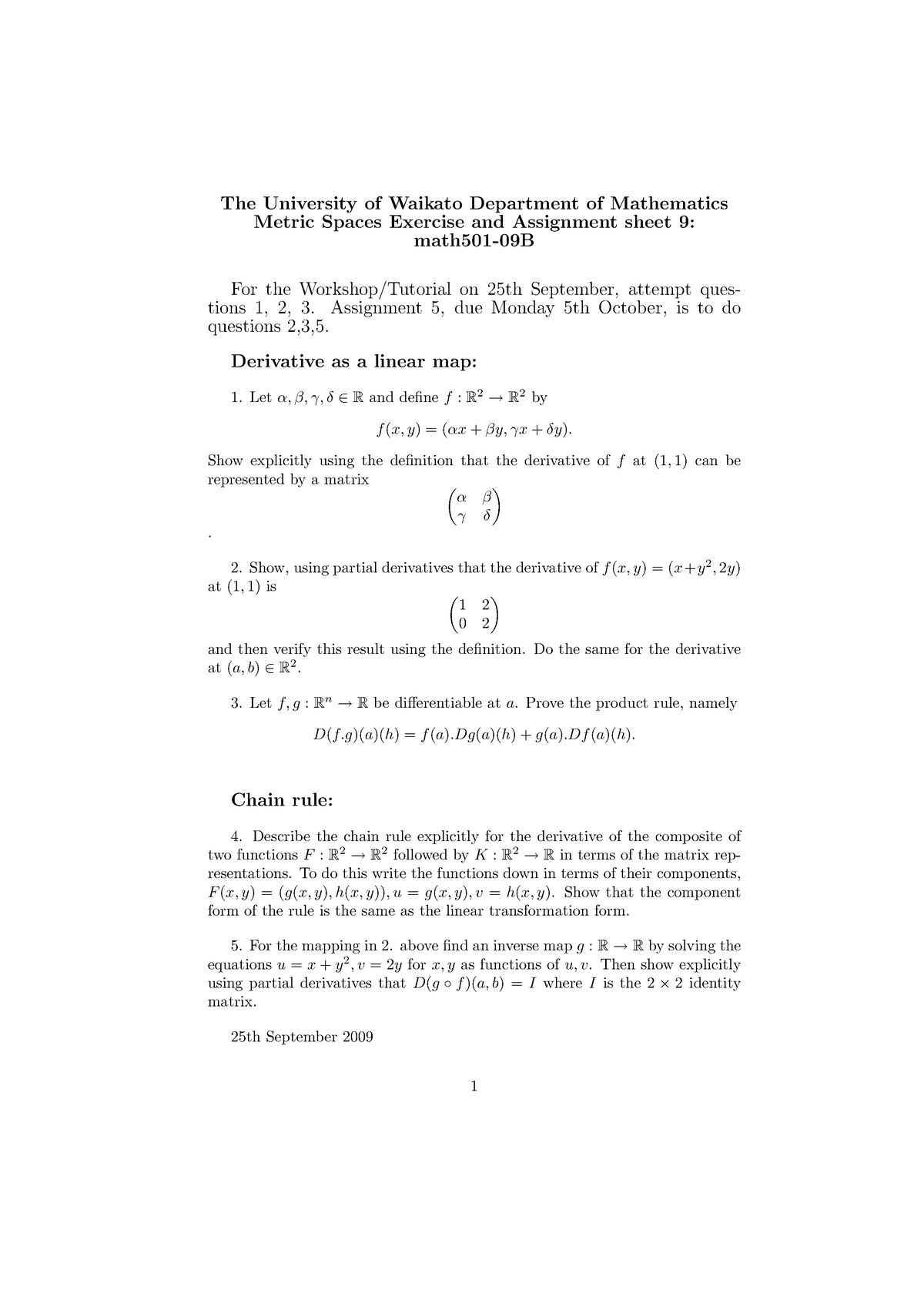 Sheet 9 Derivative As A Linear Map The Chain Rule Metric Spaces Studocu