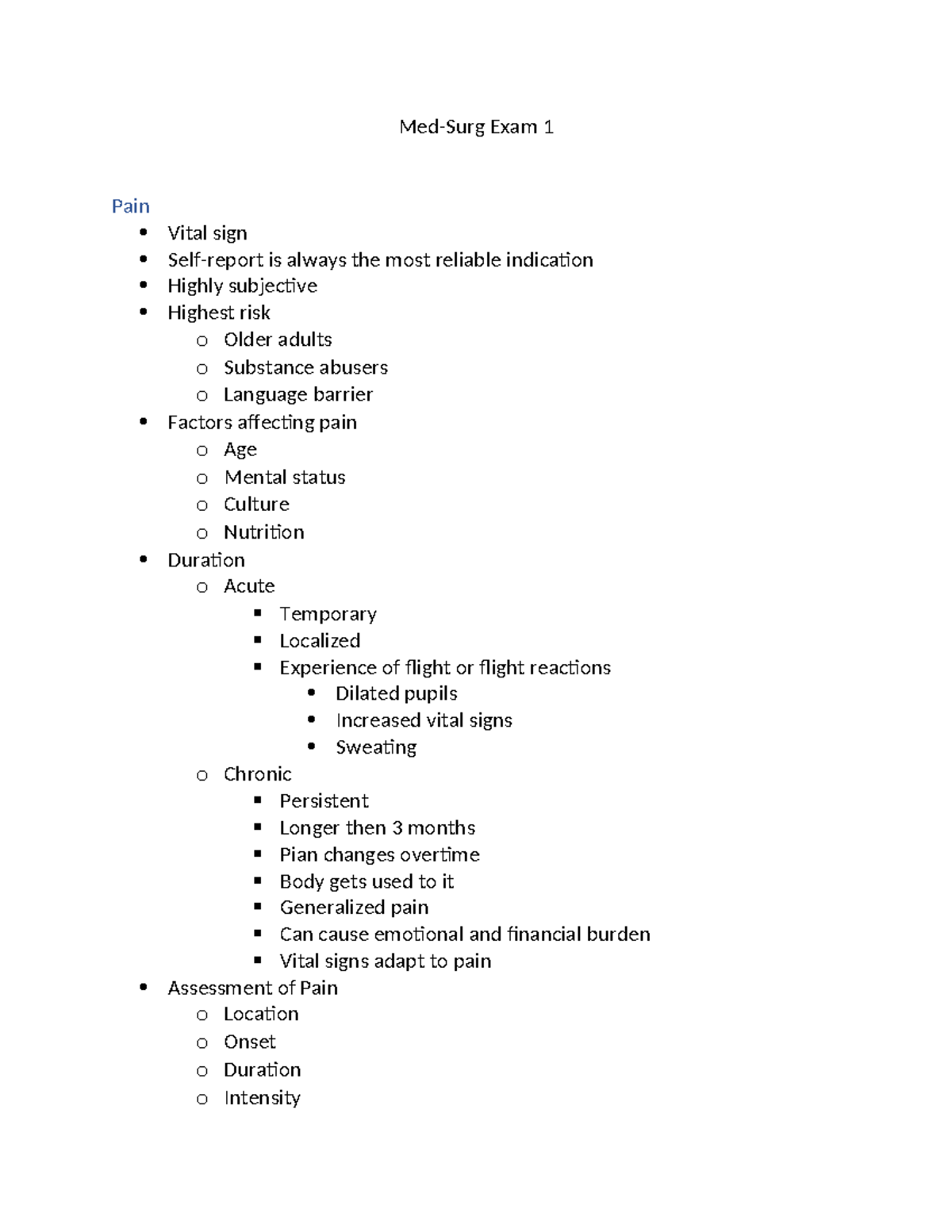 Med Surg Exam 1 study guide - Med-Surg Exam 1 Pain Vital sign Self ...