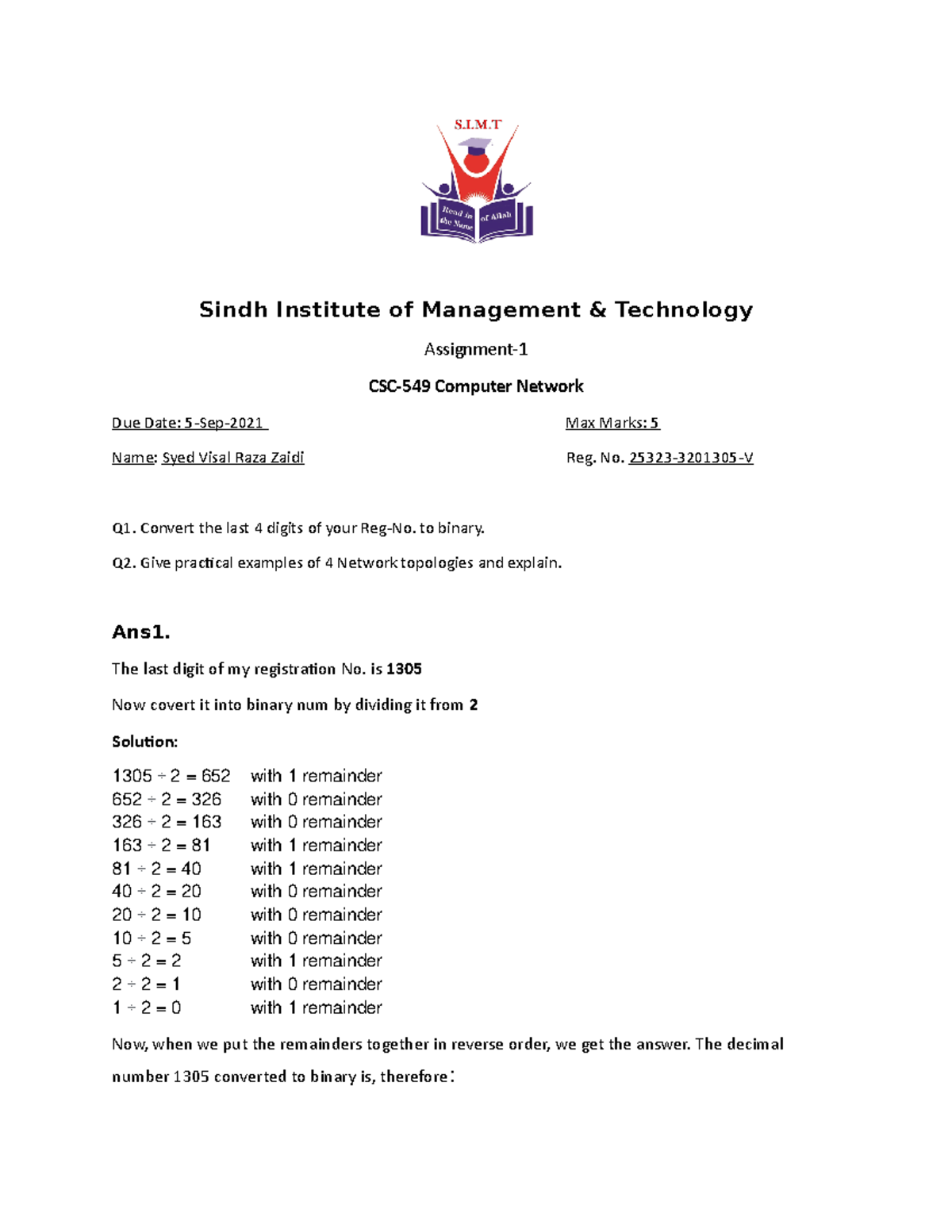 computer network assignment solution