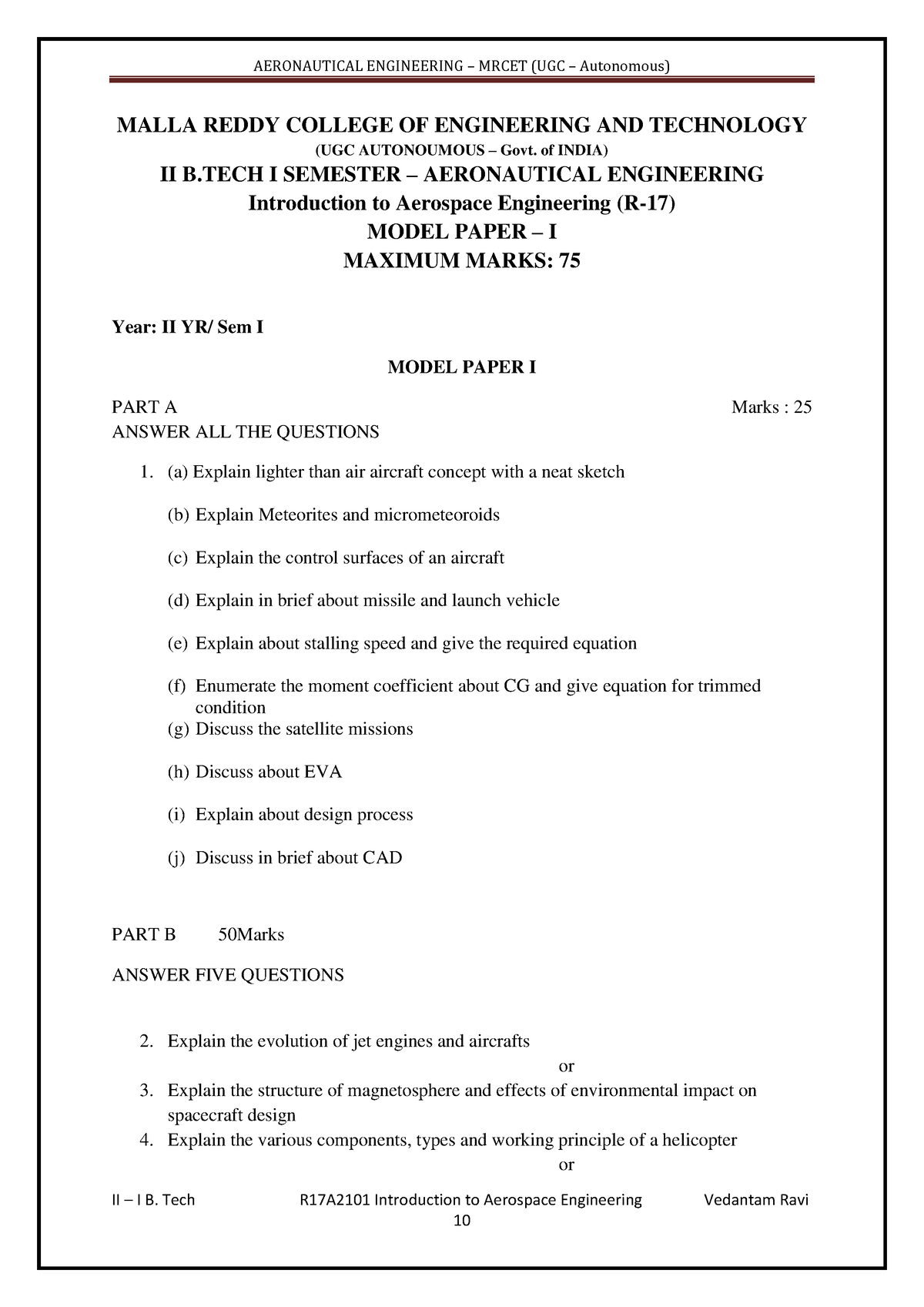 ANE 2-1 Model Papers Mrcet - AERONAUTICAL ENGINEERING – MRCET (UGC ...