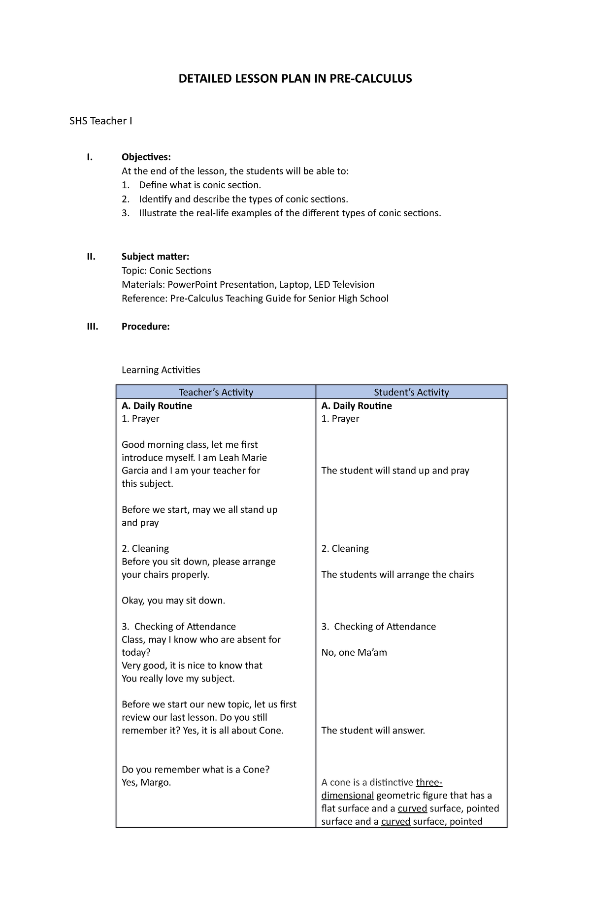 SHS Lesson PLan - DETAILED LESSON PLAN IN PRE-CALCULUS SHS Teacher I I ...