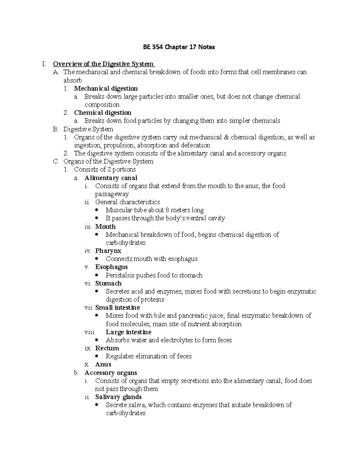 Chapter 17 Notes - BE 354 Chapter 17 Notes I. Overview Of The Digestive ...