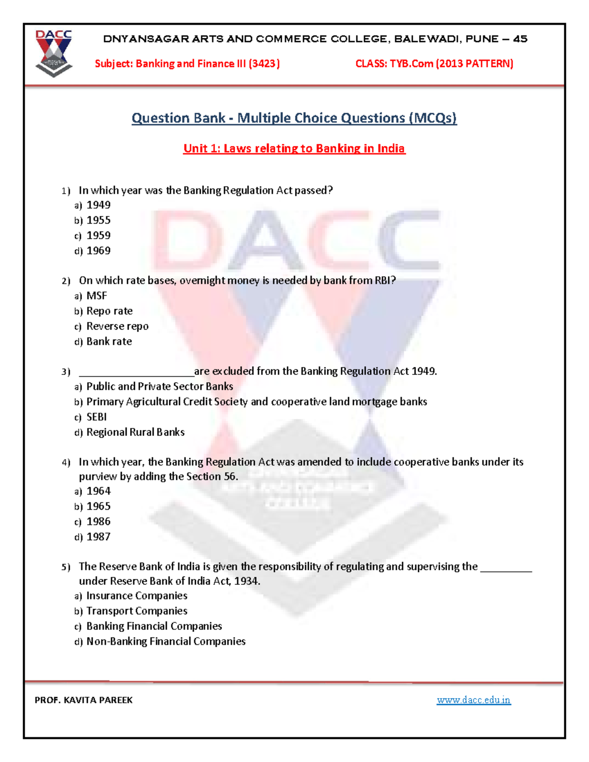 MCQs 3423 Banking Finance III Subject Banking and Finance III (3423