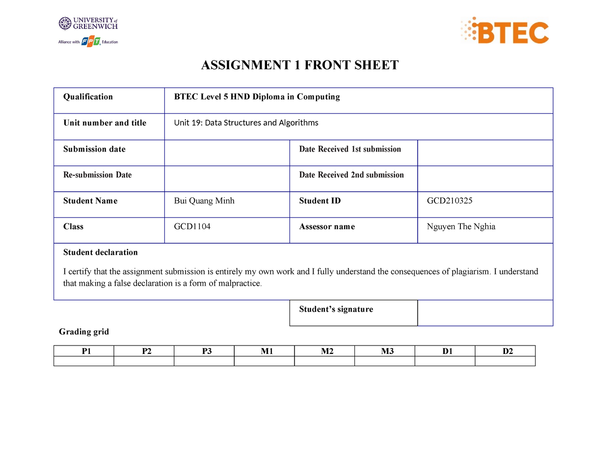 ASM Template ASSIGNMENT 1 FRONT SHEET Qualification BTEC Level 5 HND