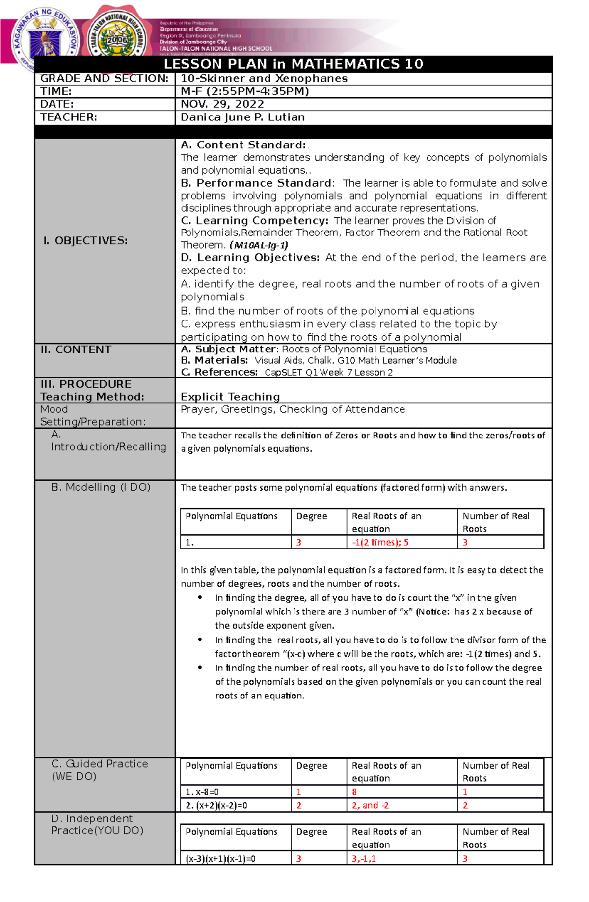 DLP-December 5, 2022- Math 10 - LESSON PLAN In MATHEMATICS 10 GRADE AND ...