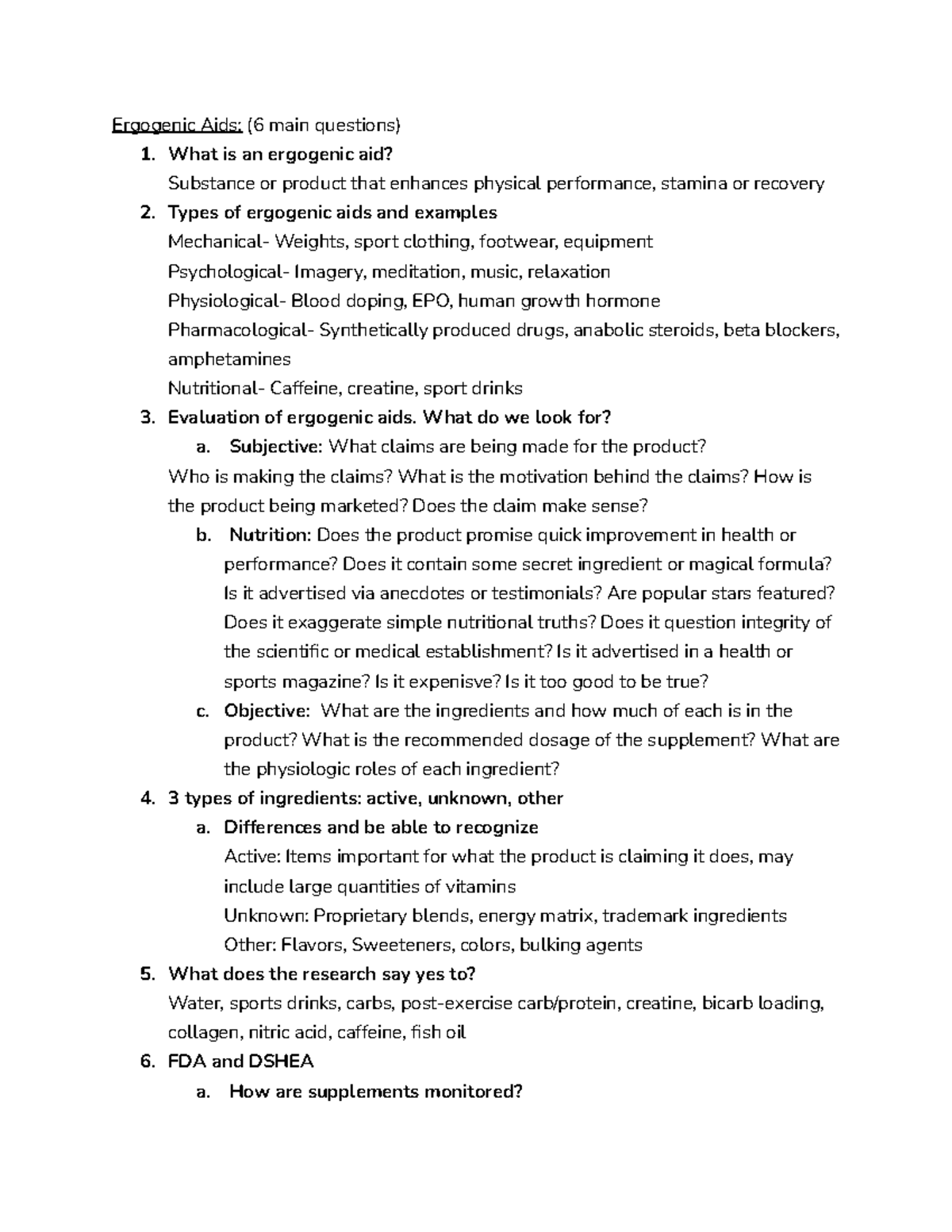 Ergogenic Aids Study Guide Ergogenic Aids (6 main questions) 1. What