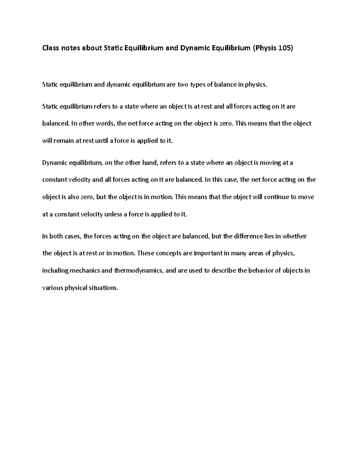 Class notes about Static Equilibrium and Dynamic Equilibrium - Static ...
