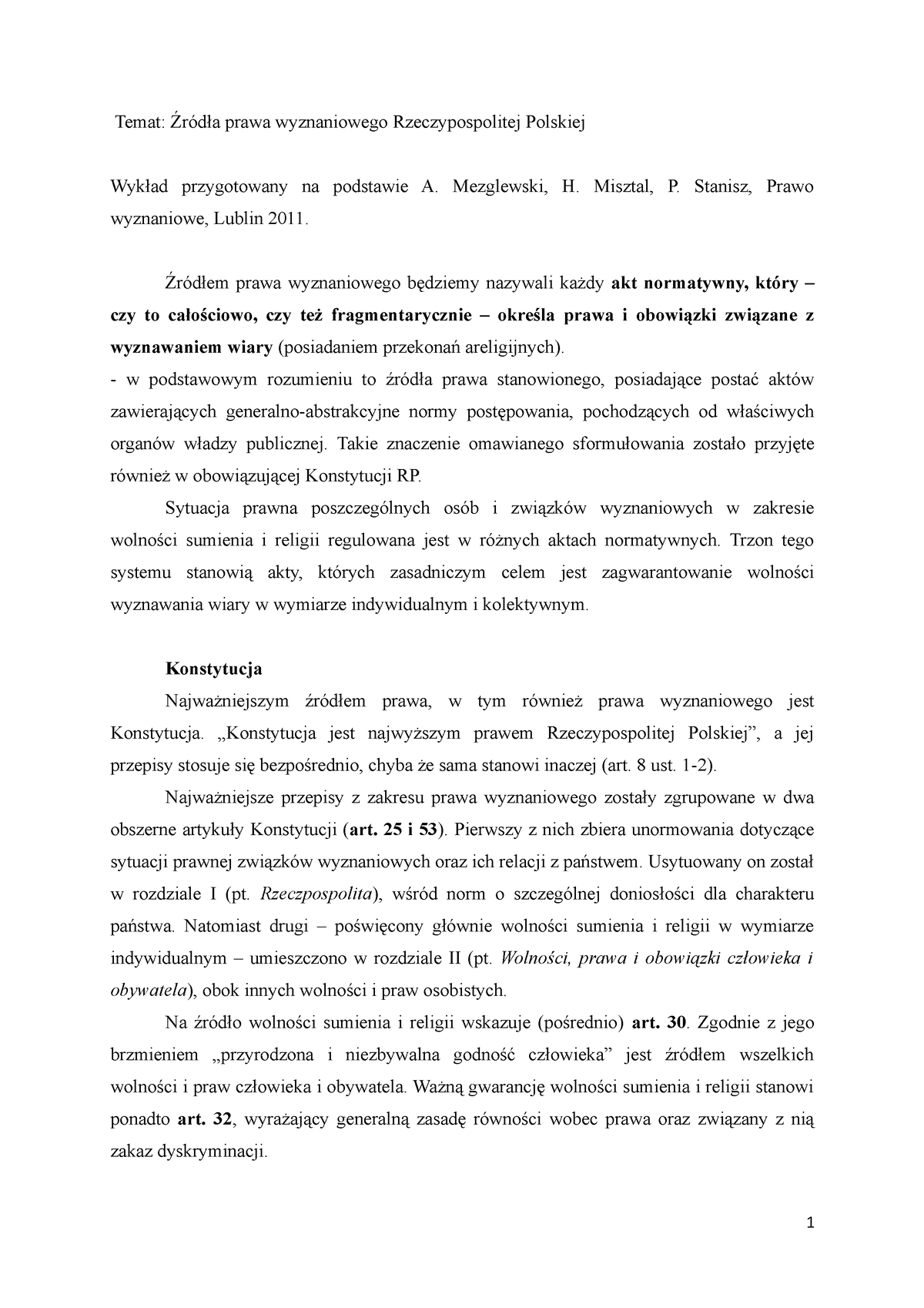 Źródła Prawa Wyznaniowego Temat Źródła Prawa Wyznaniowego Rzeczypospolitej Polskiej Wykład 3059
