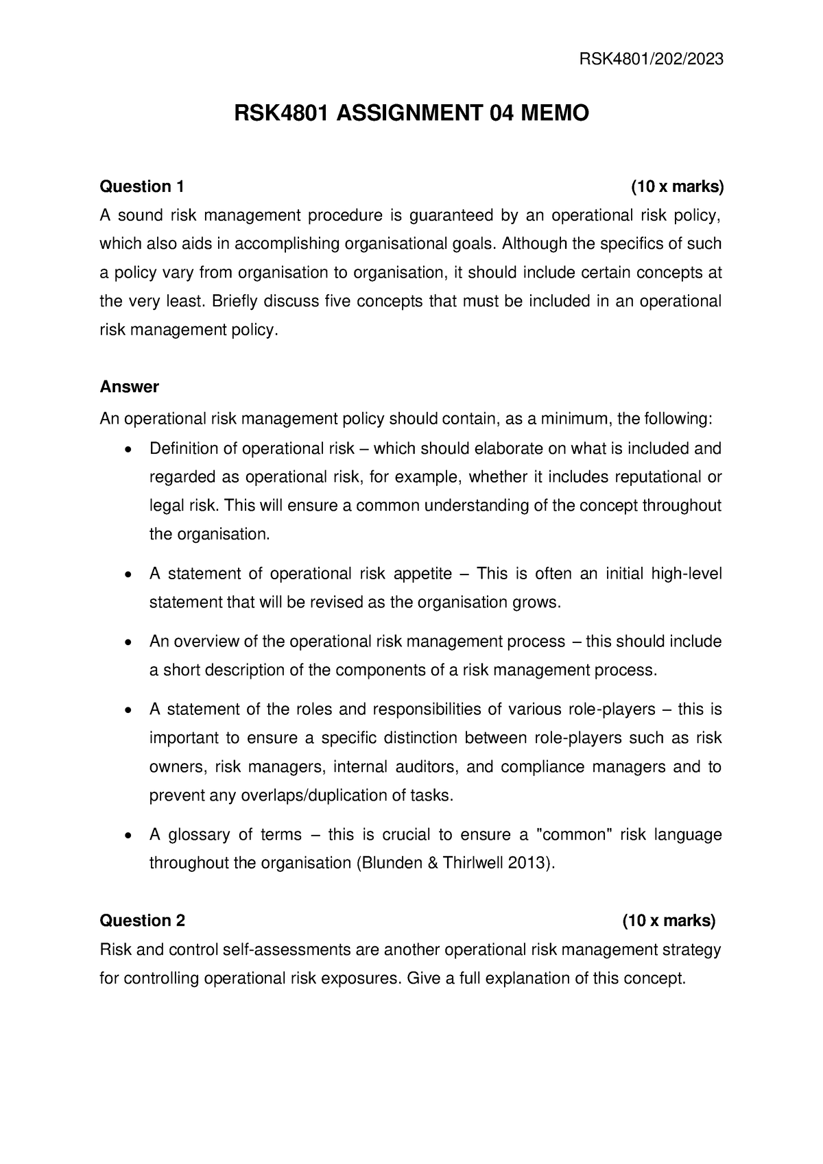 RSK4801 Assignment 4 Memo - RSK4801 ASSIGNMENT 0 4 MEMO Question 1 ( 10 ...