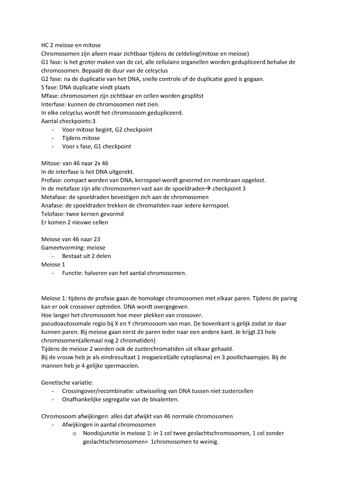 Aantekeningen Van Cel Tot Molecuul College 2 Meiose En Mitose Hc 2