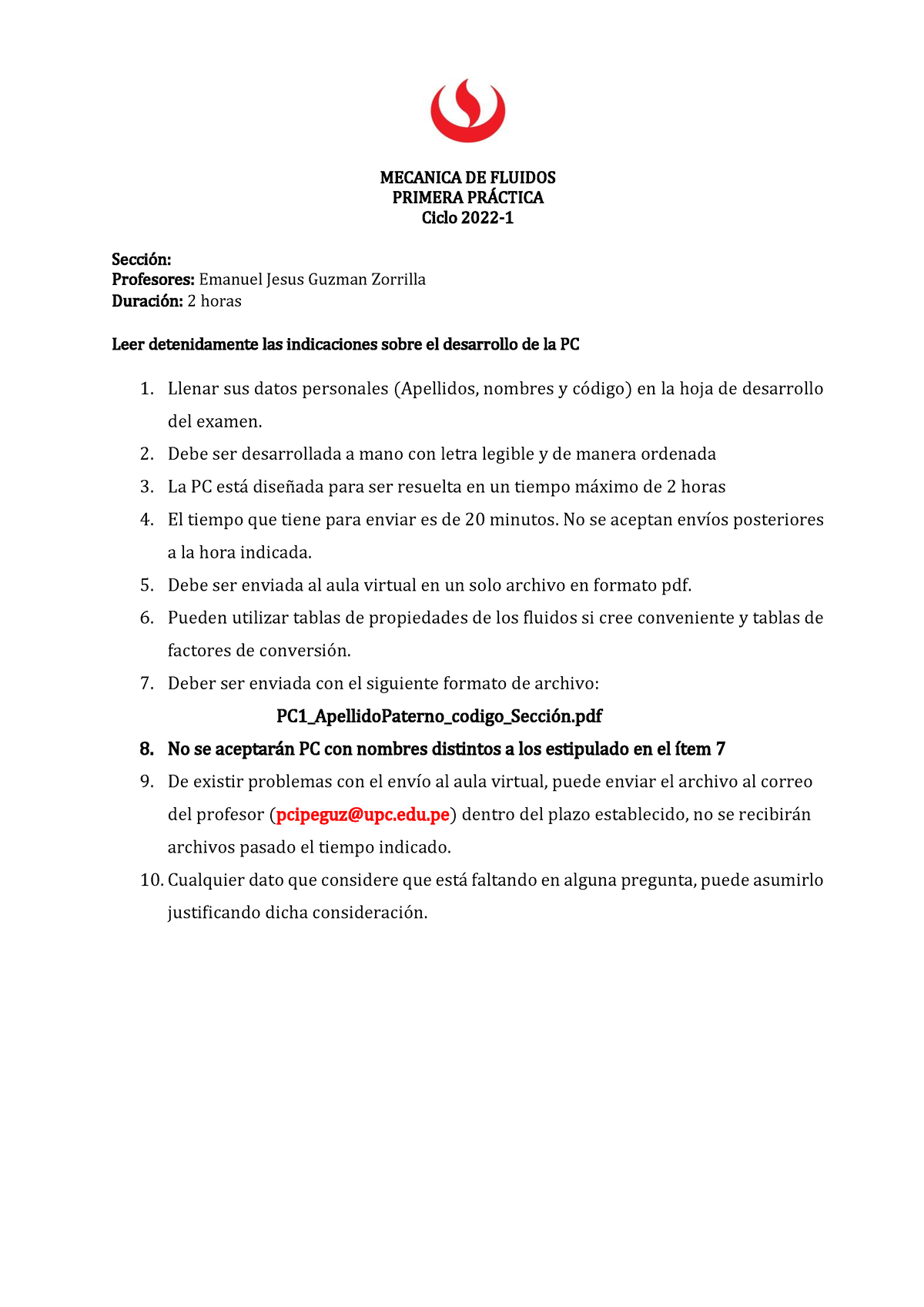 PC1 202102 CI62 - Practica Calificada - MECANICA DE FLUIDOS PRIMERA PR ...