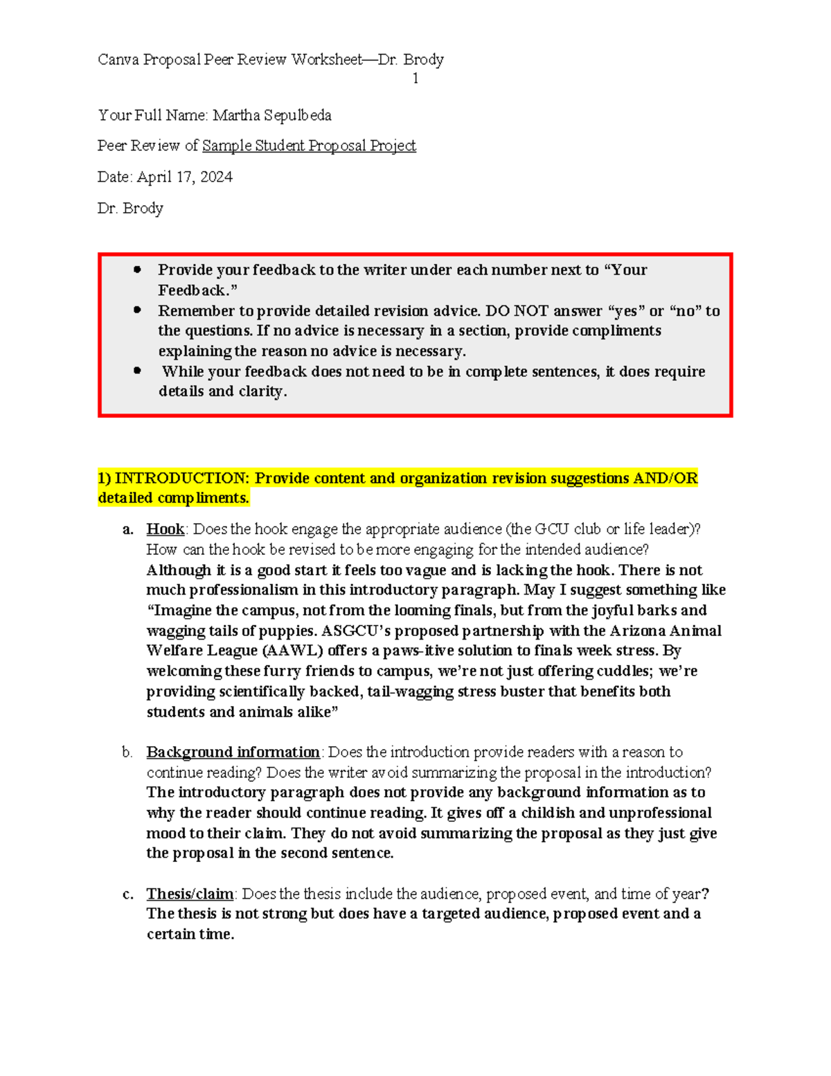 Canva Proposal Peer Review Worksheet - 1 Your Full Name: Martha ...