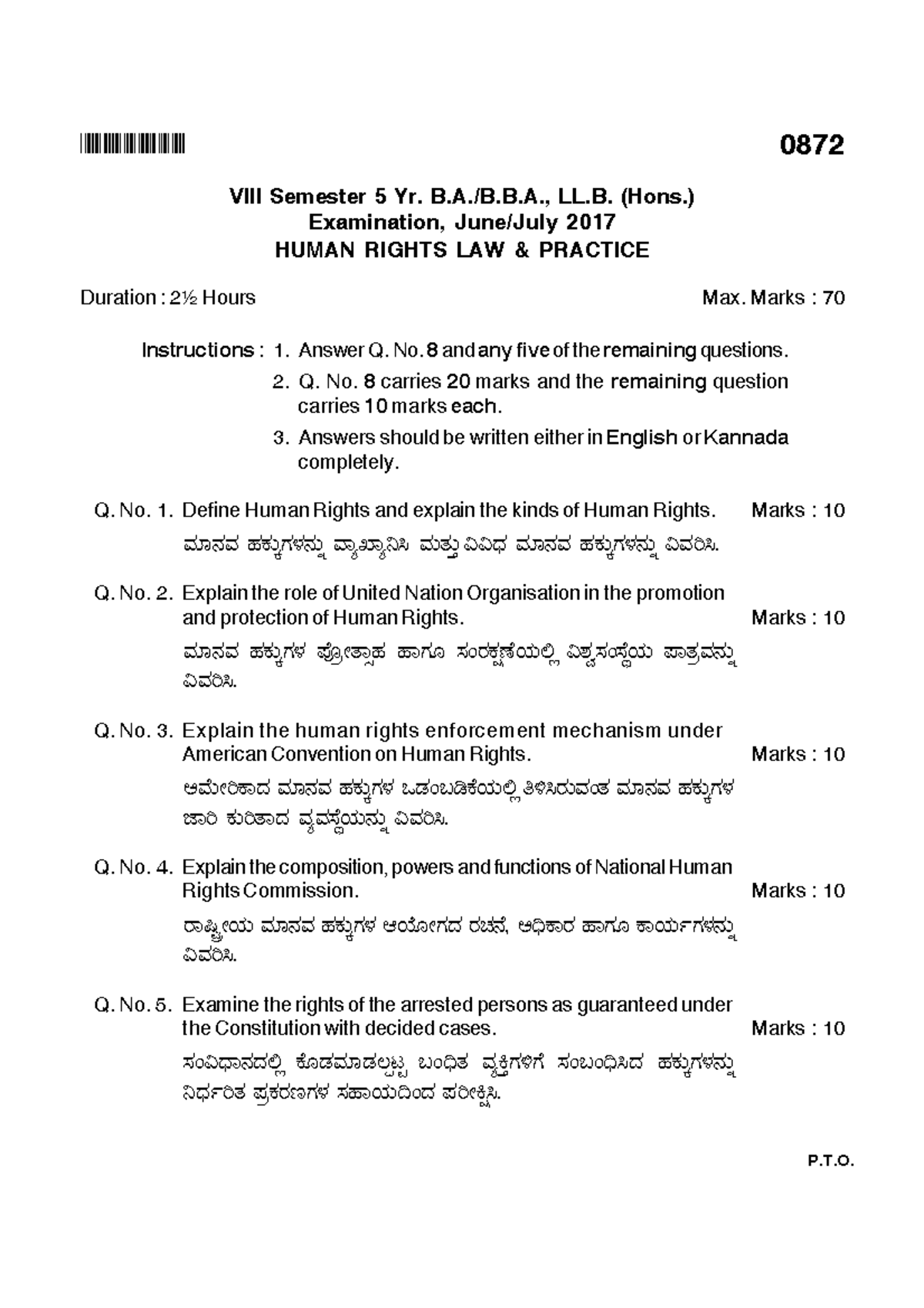HR 2017 - Human rights 2017 question paper kslu - BHVUPB 0872 VIII ...