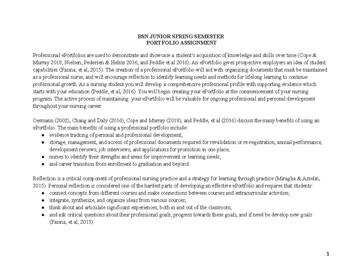 BSN Junior Spring Semester Portfolio Assignment and Rubric - BSN JUNIOR ...