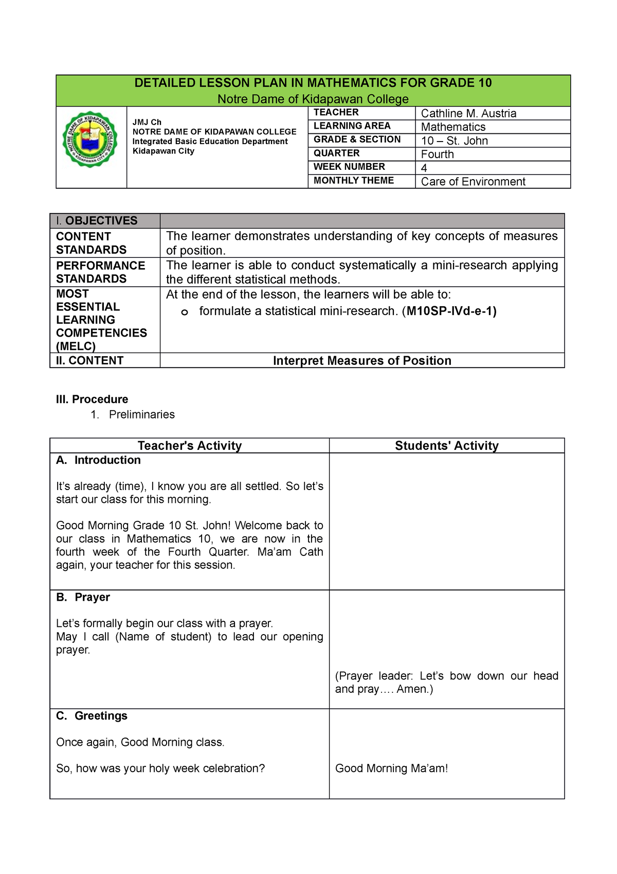 Detailed Lesson PLAN IN Mathematics FOR Grade 10 - DETAILED LESSON PLAN ...