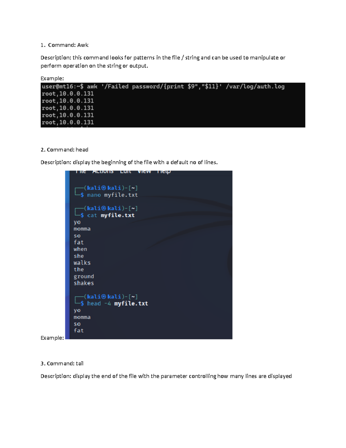 Hw 4 shell knowledge 3 - Command: Awk Description: this command looks ...