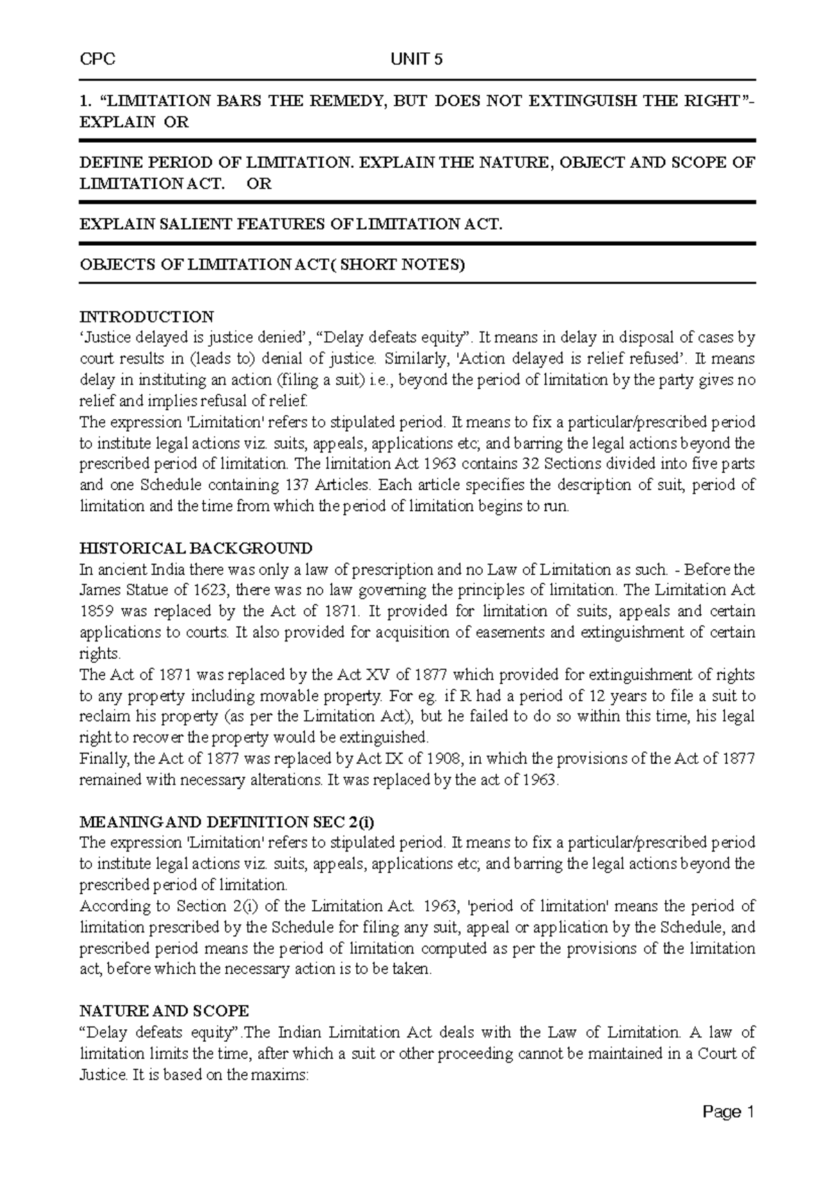 UNIT 5 CPC - A synopsis and detailed answer type document - 1 ...
