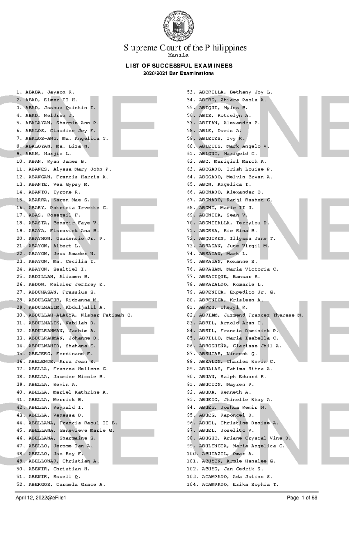 Bar Exam Results 20202021 S upreme Court of the P hilippines LIST OF