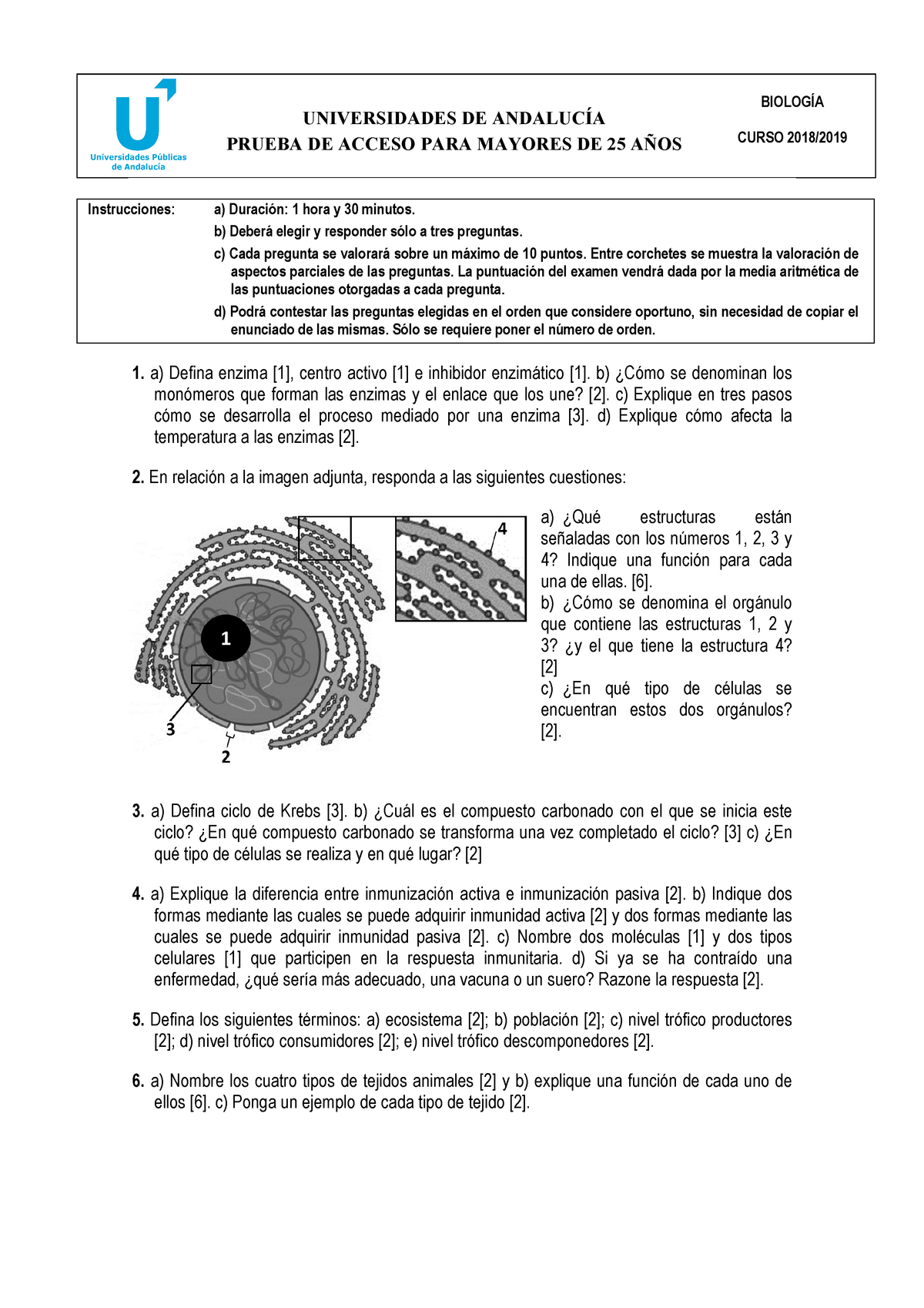 Examen Biologia Prueba Acceso Universidad Mayores 25 Andalucia 2019 ...