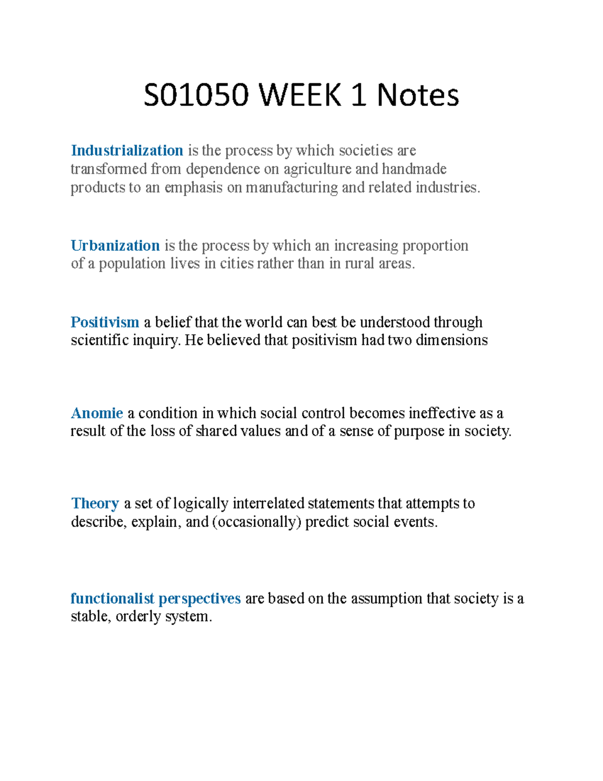 S01050 WEEK 1 Notes 2 - S01050 WEEK 1 Notes Industrialization is the ...