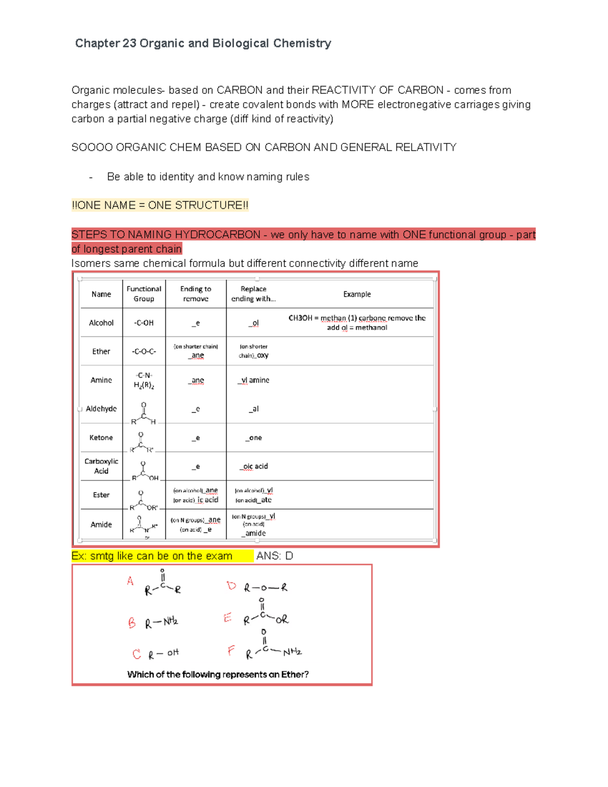Chapter 23- Organic and Biological Chemistry CHEM1010 - Organic ...