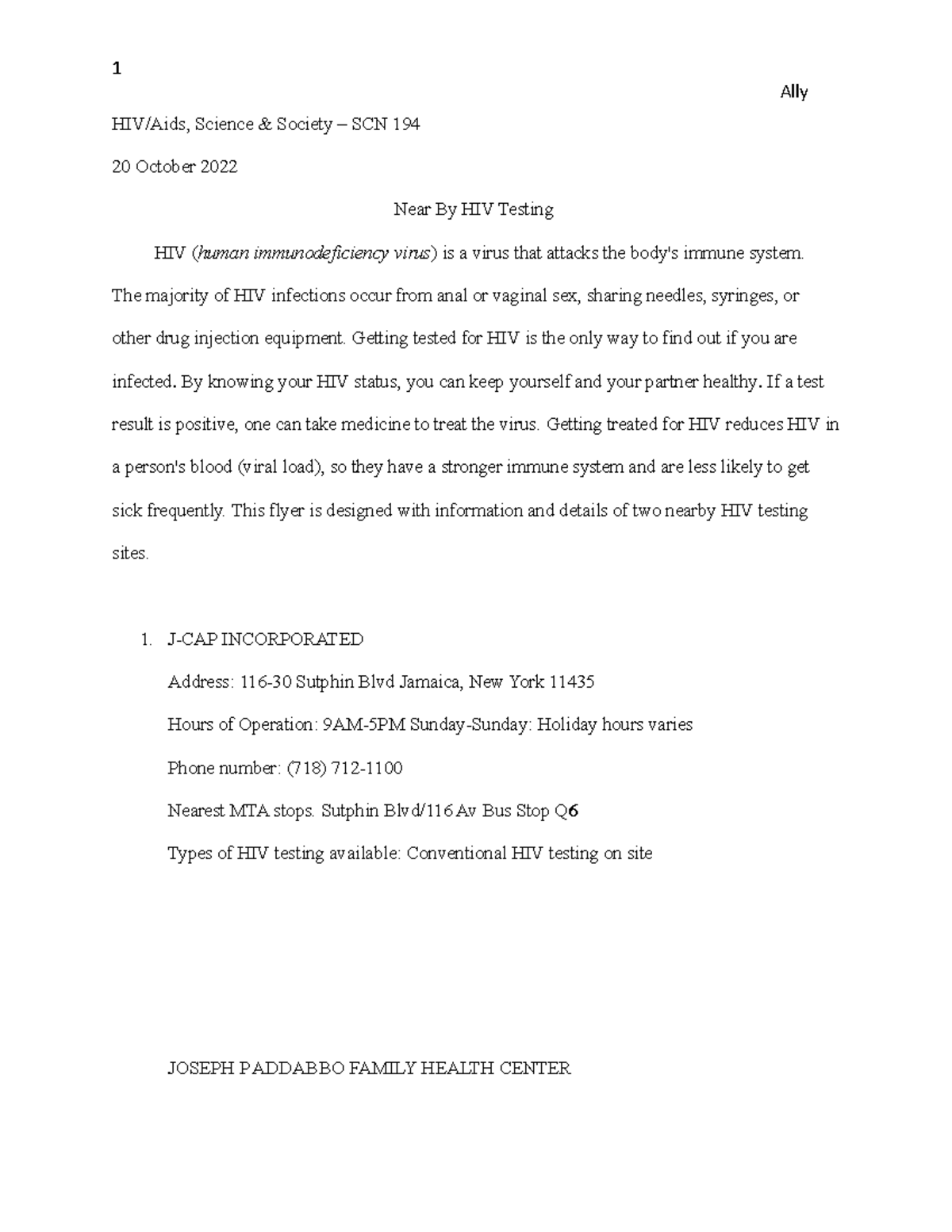 HIV Assignment 1 1 Ally HIV/Aids, Science & Society SCN 194 20