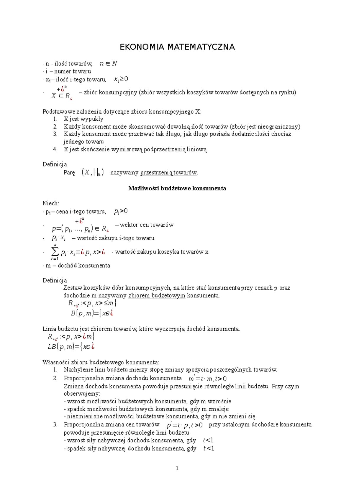 Ekonomia matematyczna - notatki - EKONOMIA MATEMATYCZNA n - ilość
