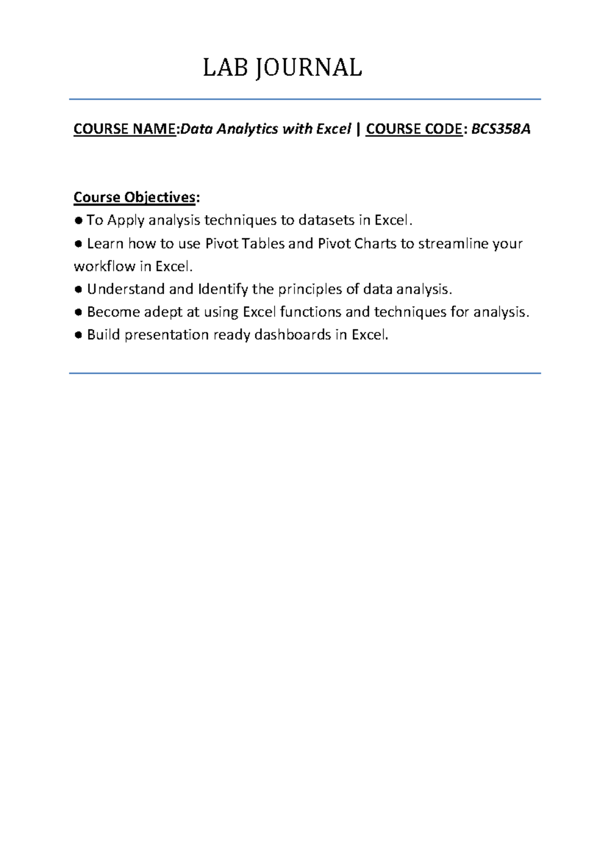 Lab Journal Ex1 - Excel expt 1 - LAB JOURNAL COURSE NAME:Data Analytics ...