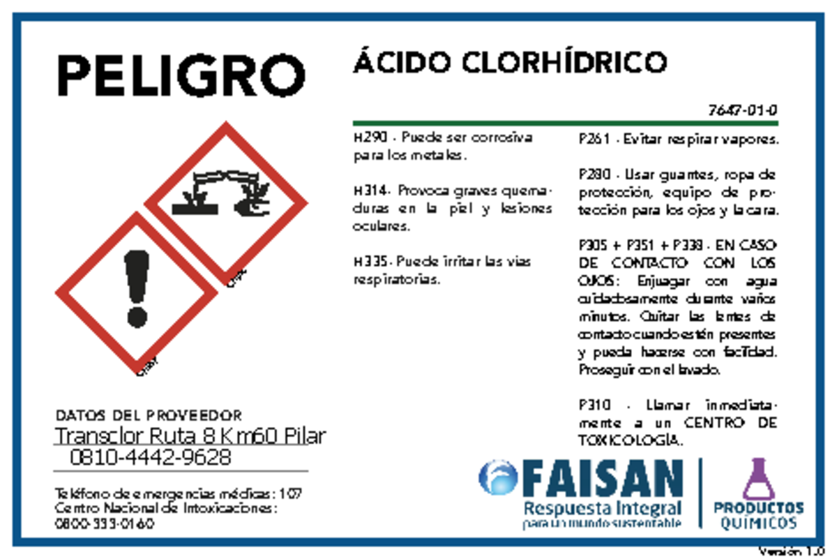 Acido Clorhidrico - asd - ÁCIDO CLORHÍDRICO 7647-01- PELIGRO H290