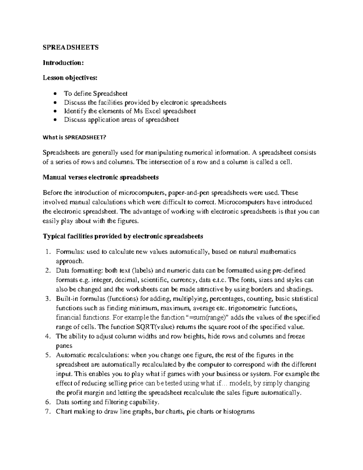 Lesson 7 Spreadsheet - Excel - SPREADSHEETS Introduction: Lesson ...