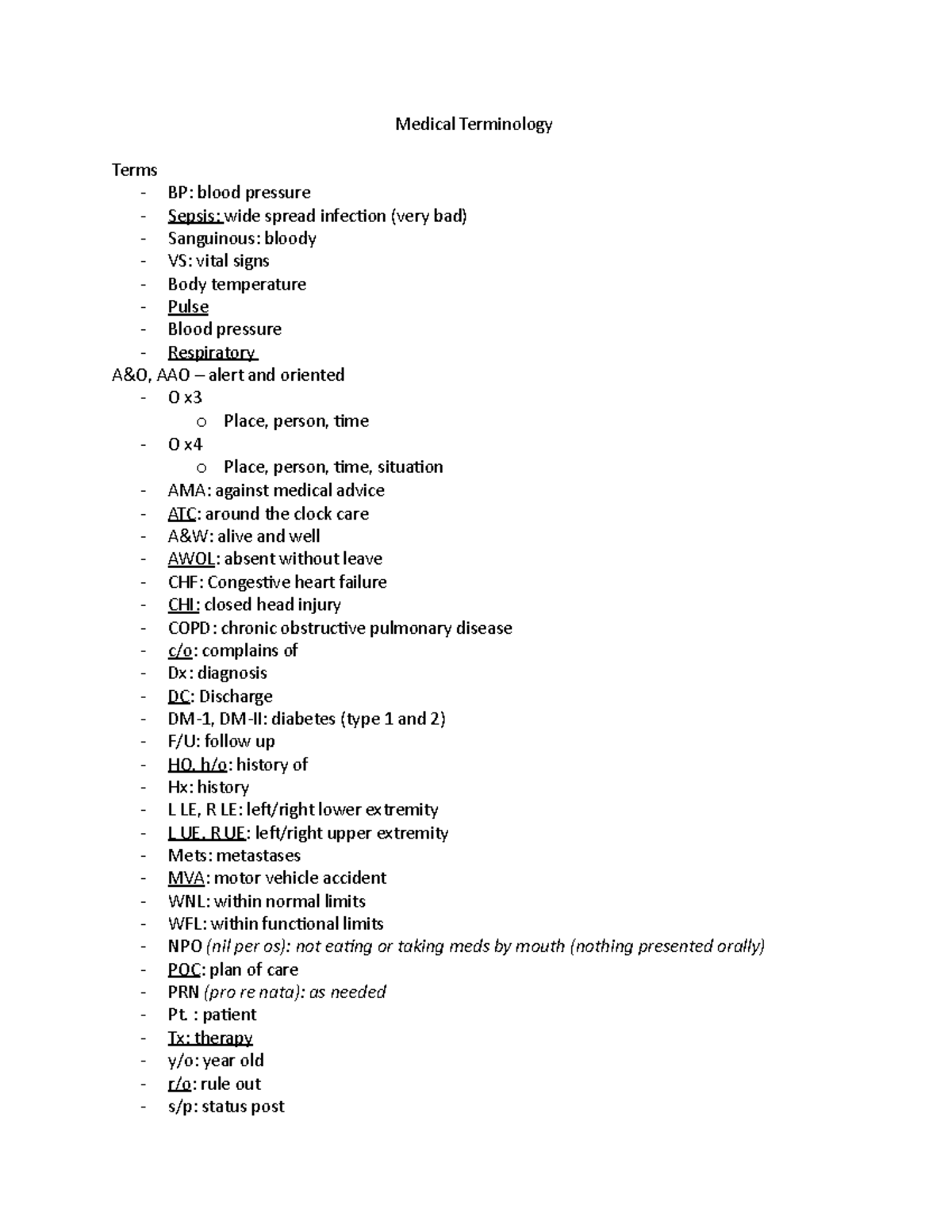 Medical Terminology Medical Terminology Terms BP blood pressure