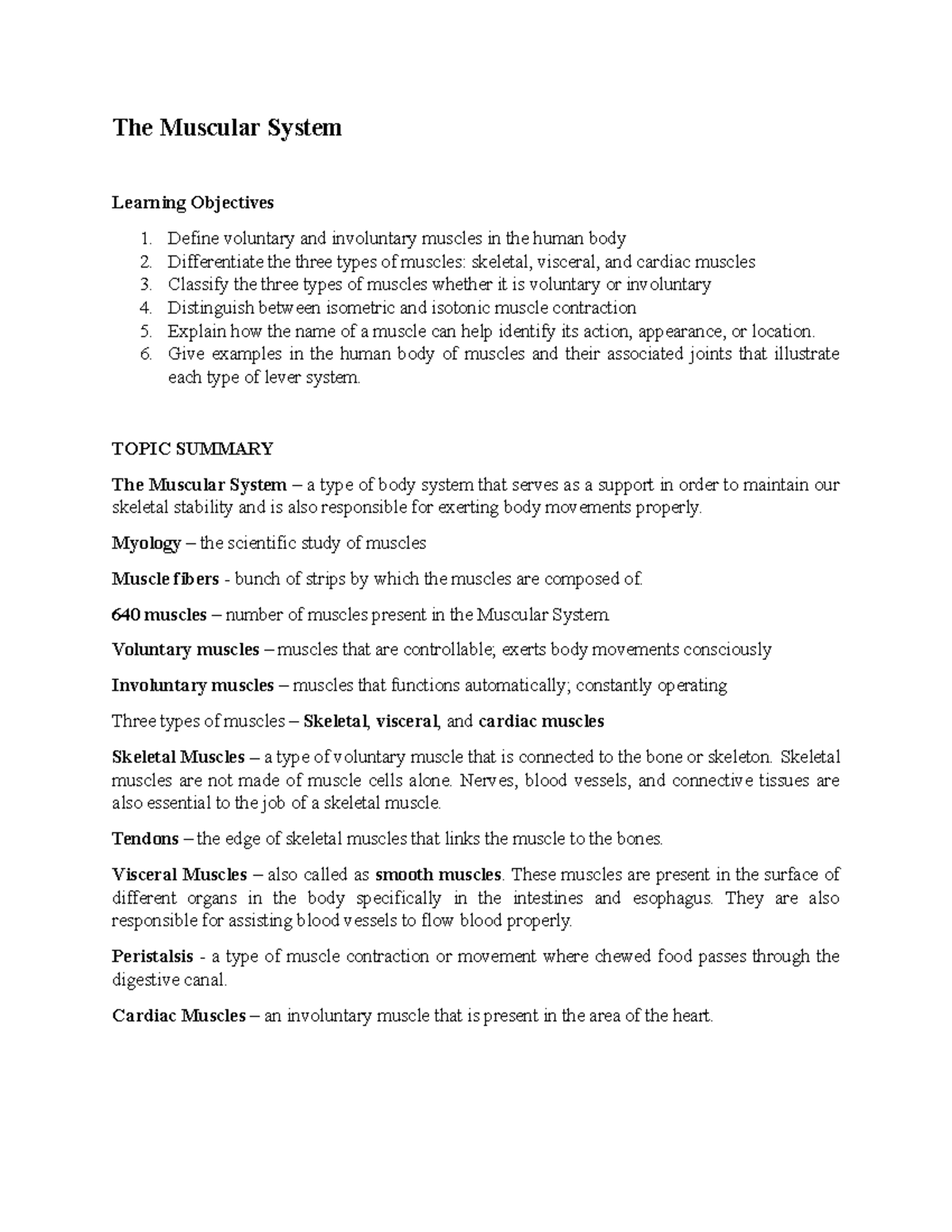 Summary-THE- Muscular- System - The Muscular System Learning Objectives ...