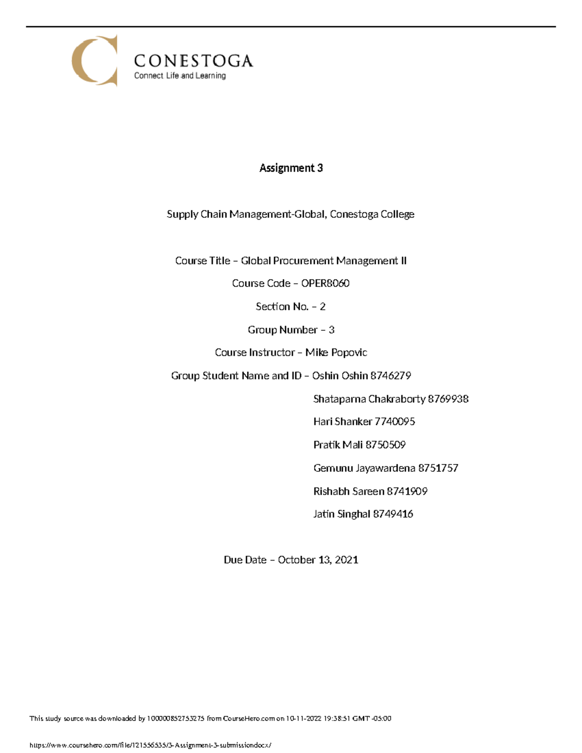 Procurnment 3 Procurnmet Supply Chain ManagementGlobal, Conestoga College Assignment