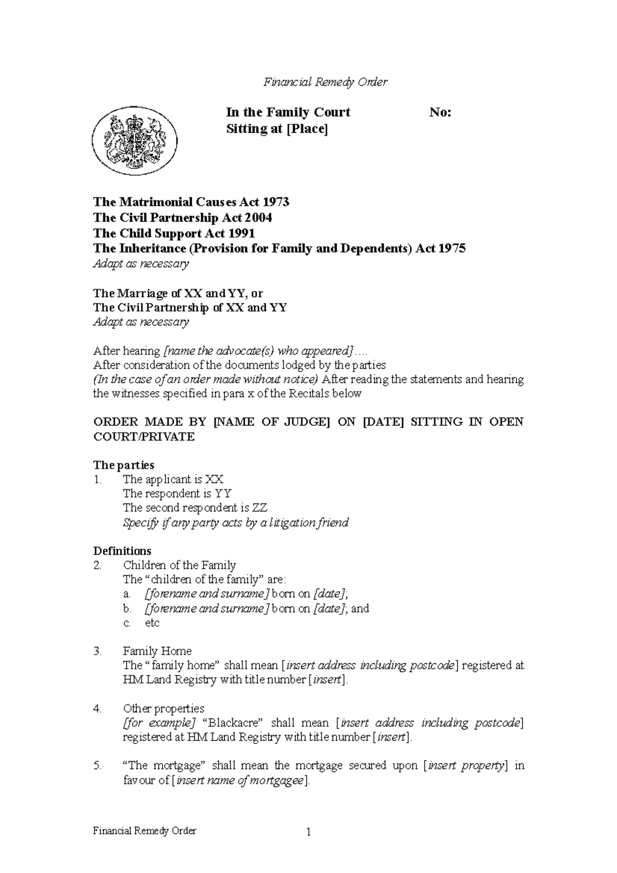 Financial Remedy Order or Consent Order template Financial Remedy