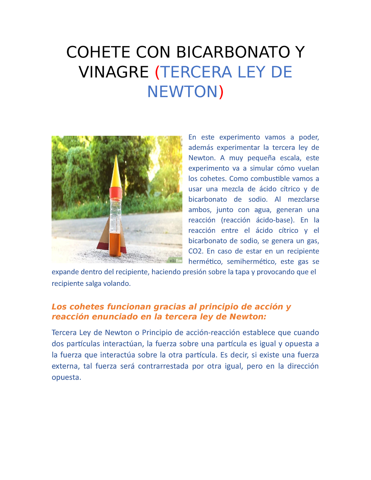 Introduccion Al Proyecto A Trabajar C A COHETE CON BICARBONATO Y VINAGRE TERCERA LEY DE