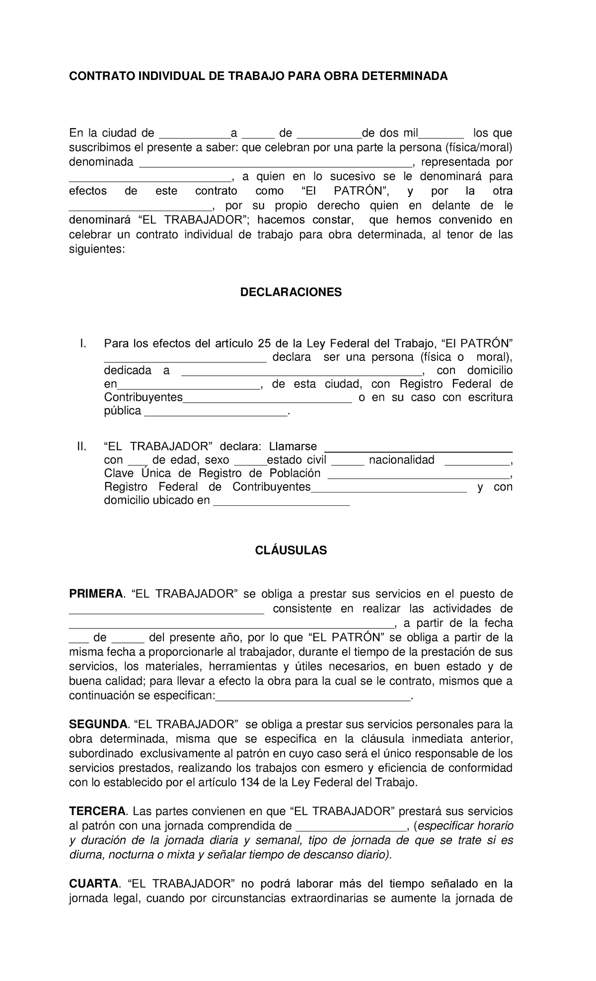 Contrato Obra Determinada - CONTRATO INDIVIDUAL DE TRABAJO PARA OBRA ...