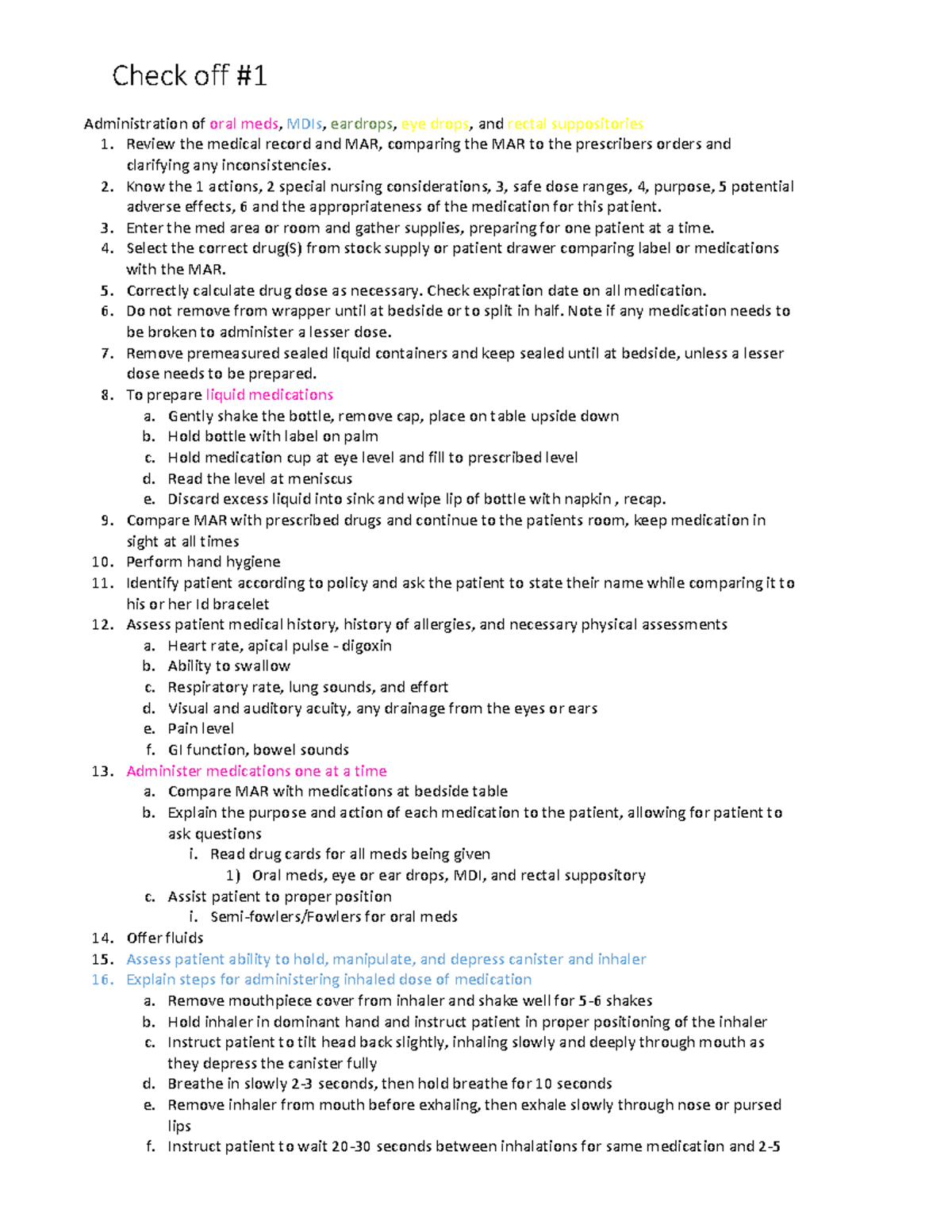 Medication Administration Script Administration of oral meds, MDIs