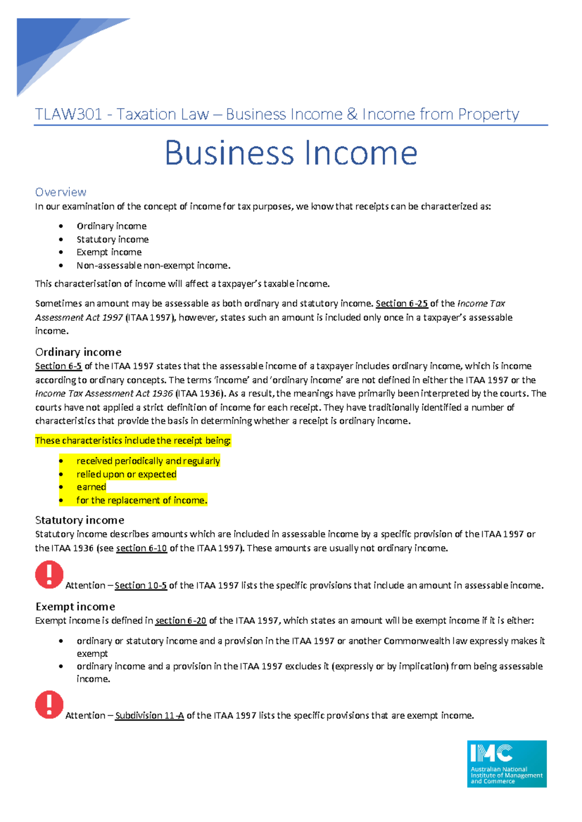 TLAW301 - Taxation Law - Business and Property Income - TLAW301 ...