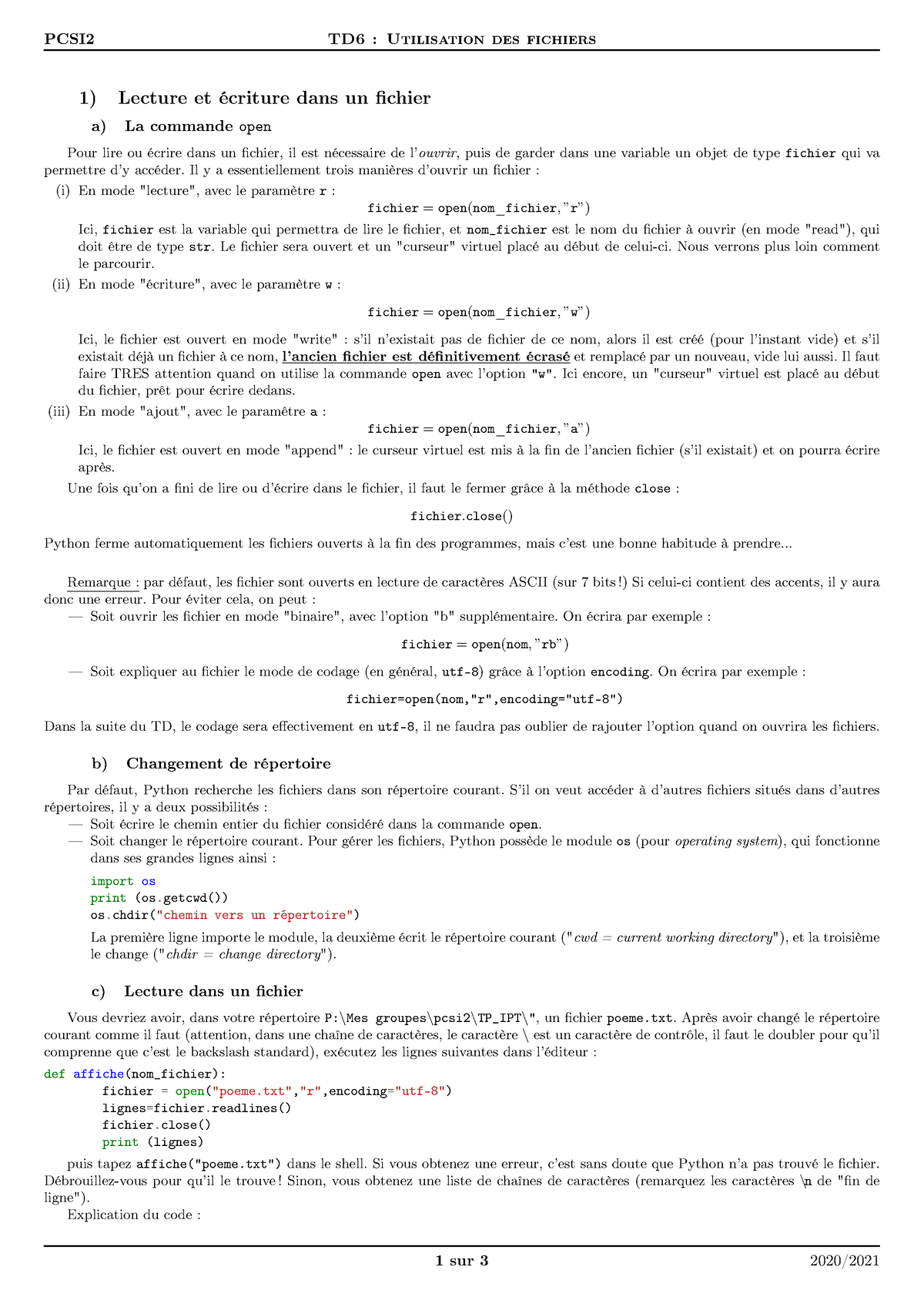 Td Fichiers Python Pcsi2 Td6 Utilisation Des Fichiers 1 Lecture Et écriture Dans Un Fichier 1128