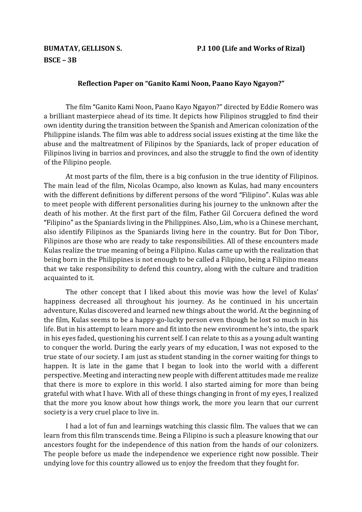 Reflection Paper: Ganito Kami Noon, Paano Kayo Ngayon? - BS Civil