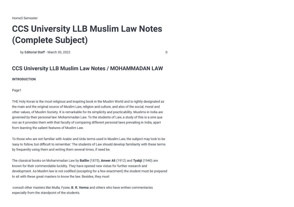 CCS University LLB Muslim Law Notes (Complete Subject) - Home3 Semester ...