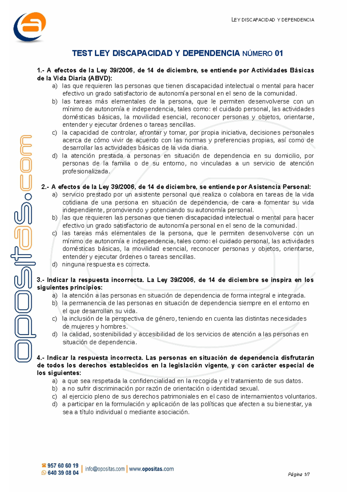 Test Ley-discapacidad-y-dependencia-01 Opositas - TEST LEY DISCAPACIDAD ...