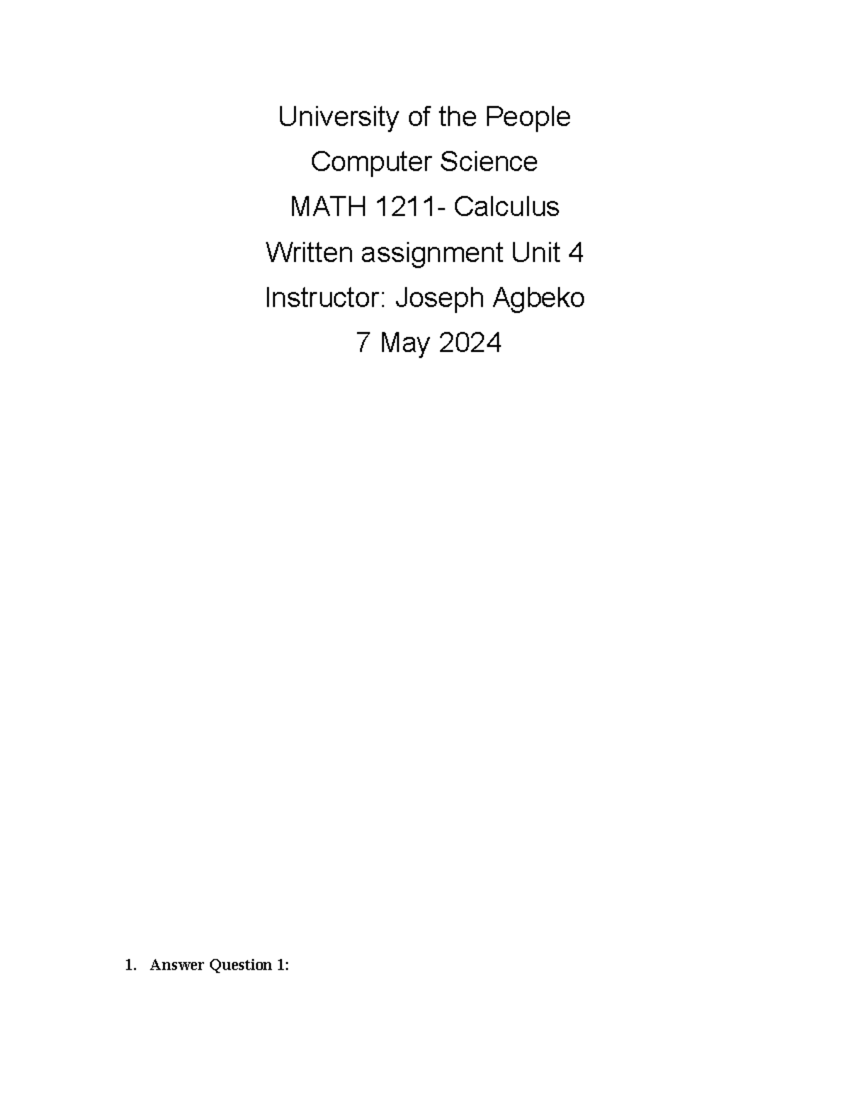 Math Written Assignment - University of the People Computer Science ...