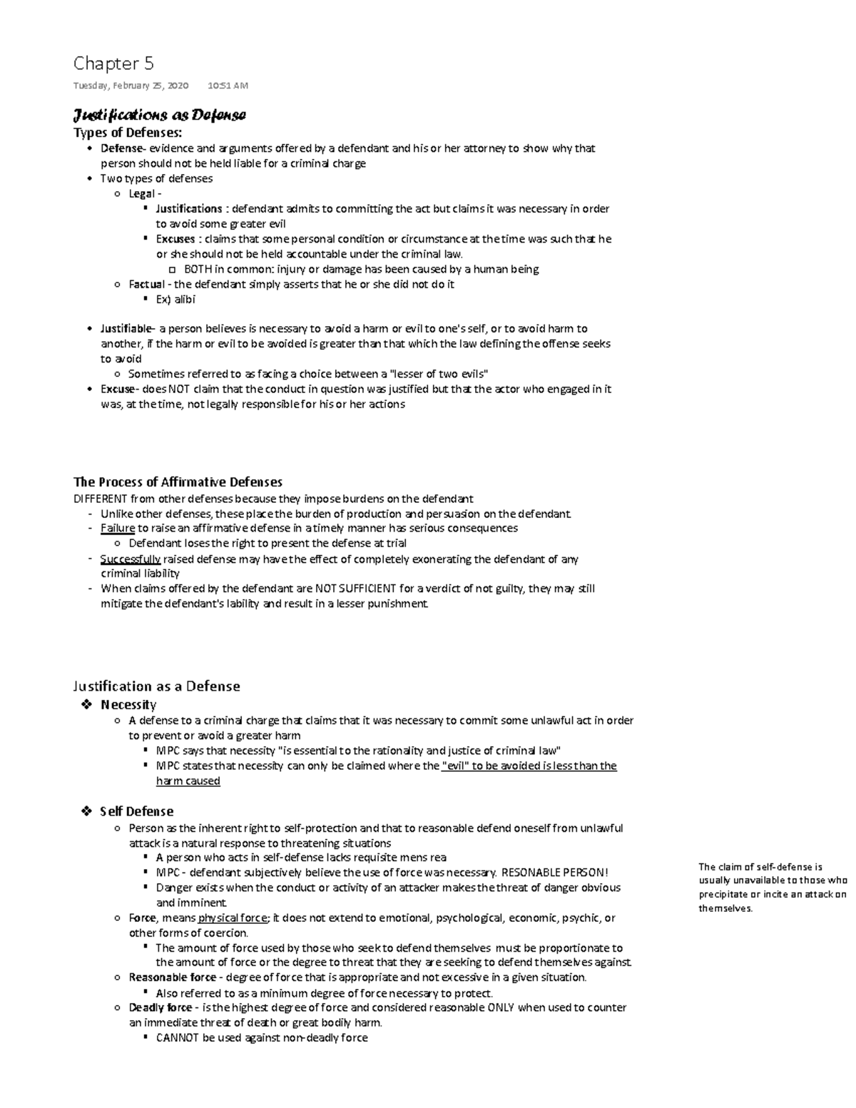 Criminal Law CH 5 - GLORIA GILBERT SELF DEFENSE - Justifications as ...