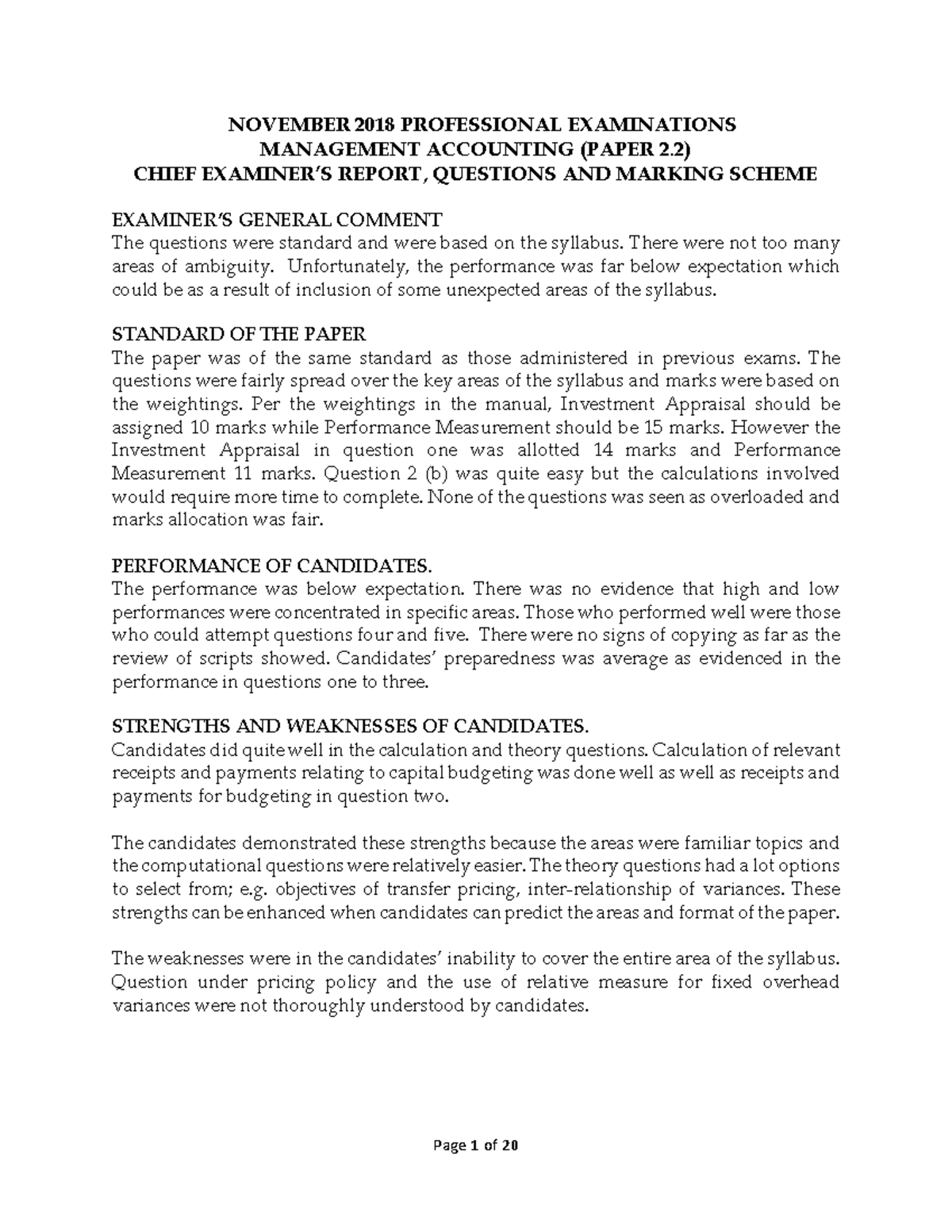 Management Accounting Paper 2 NOVEMBER 2018 PROFESSIONAL EXAMINATIONS MANAGEMENT ACCOUNTING